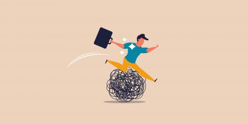Business jump difficulty and crisis problem. Man overcome troubl